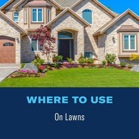 Front yard with green lawn illustrating "Where to Use" Fungus Control For Lawns Granules 10 Lb Covers 5,000 Sq Ft.