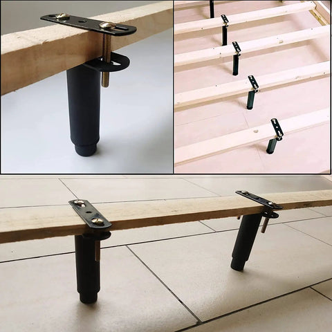 Set Of Four Adjustable Bed Frame Support Legs, Heavy Duty Slats Support For Bed Frames, 7.08 To 13 Inches Height, Easy Install shown on wooden slats.