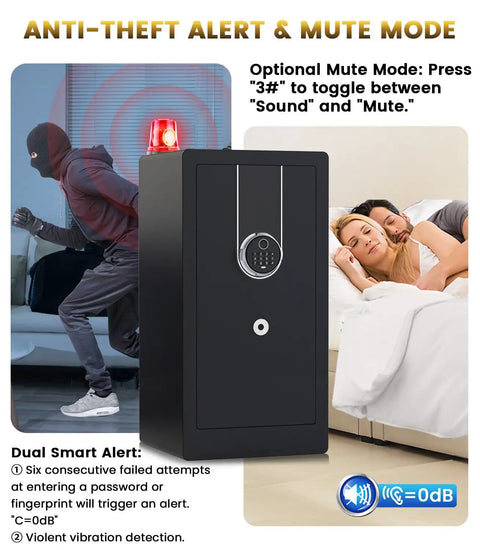 Huge Fireproof Biometric Safe for Home Office with anti-theft alarm and mute mode, shown in a room with security breach alert