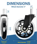Side and front view of 10x22mm Transparent 3 Inch Office Chair Casters Set Of 5 For Hardwood Floors Replacement Wheels showing dimensions.