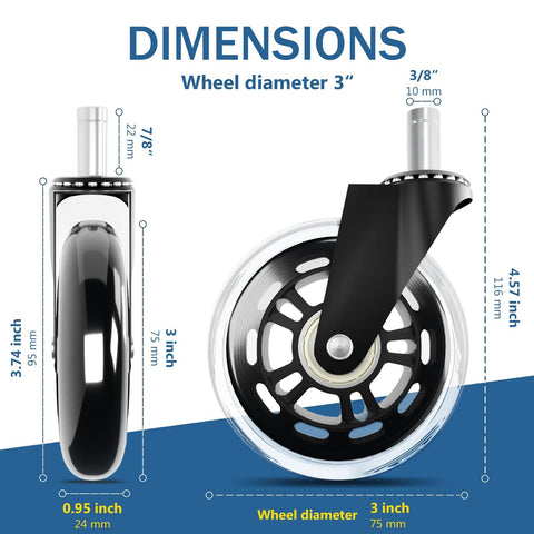 Side and front view of 10x22mm Transparent 3 Inch Office Chair Casters Set Of 5 For Hardwood Floors Replacement Wheels showing dimensions.