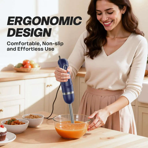 Woman using Corded Immersion Blender With 400 Watt Copper Motor And Two Speed Modes Bpa Free for blending soup.