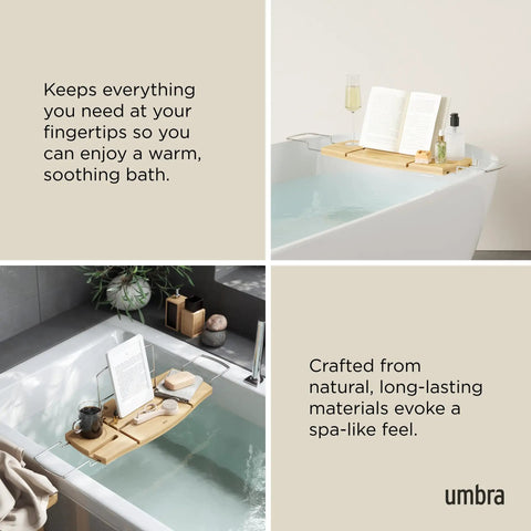 Aquala Extendable Bathtub Tray Caddy With Book Stand And Wine Glass Holder Phone Stand on bathtub, natural finish.