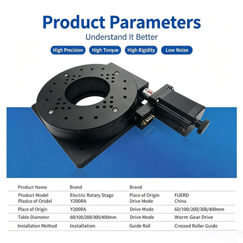 Heavy Duty Motorized Rotary Stage With 60 Millimeter Precision Indexing Table For Stepper Motor Optical Automation Setup, detailed view with black base and motor.