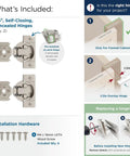One Pair Half Inch Overlay Self Closing Compact Concealed Cabinet Hinge With Face Frame Mounting Complete Hardware Kit includes installation screws.