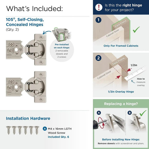 One Pair Half Inch Overlay Self Closing Compact Concealed Cabinet Hinge With Face Frame Mounting Complete Hardware Kit includes installation screws.