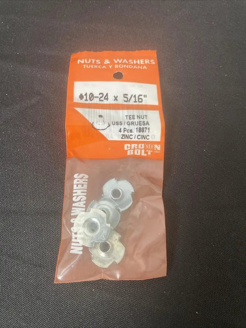 10-24 Thread Tee Nut 5/16 Inch Set, 4 Pack For Woodworking And Furniture Projects, Steel Construction in packaging