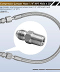Top Notch Twenty Inch Stainless Steel Braided Air Compressor Jumper Hose Features One Quarter Inch Npt Male Fittings That Handle Four Hundred Fifty Psi Plus Extreme Heat For Heavy Duty Shop Projects Without Breaking A Sweat. Close-up of male fitting and hose.