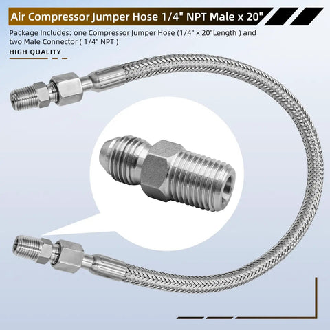 Top Notch Twenty Inch Stainless Steel Braided Air Compressor Jumper Hose Features One Quarter Inch Npt Male Fittings That Handle Four Hundred Fifty Psi Plus Extreme Heat For Heavy Duty Shop Projects Without Breaking A Sweat. Close-up of male fitting and hose.