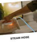 Person using an iron with High Temperature Steam Hose Replacement Tube For Steam Irons, Heavy Duty High Pressure Design For Manufacturing And Home Use.