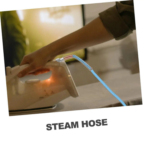 Person using an iron with High Temperature Steam Hose Replacement Tube For Steam Irons, Heavy Duty High Pressure Design For Manufacturing And Home Use.
