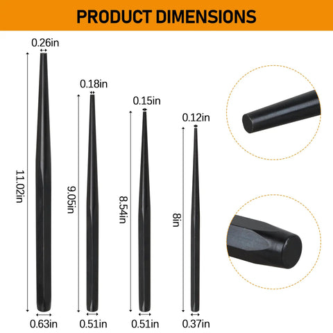 Heavy Duty Taper Punch Set With Four Precision Hardened Pin Tools To Nail Hole Alignment And Swap Shafts Fast dimensions displayed.