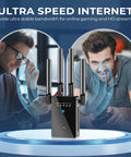 Best WiFi Extender And Signal Booster For Home, 6X Faster Internet, device on pedestal with antennas highlighted by gaming visuals