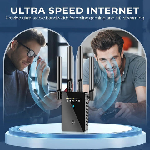 Best WiFi Extender And Signal Booster For Home, 6X Faster Internet, device on pedestal with antennas highlighted by gaming visuals