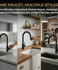 Black Kitchen Faucet With Pull Down Sprayer And Single Handle Pullout Design in three kitchen settings