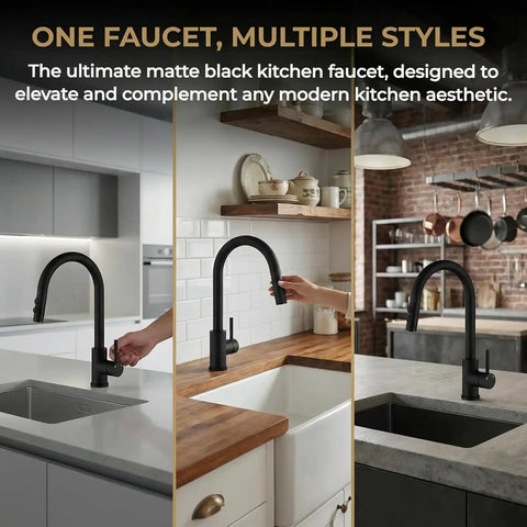 Black Kitchen Faucet With Pull Down Sprayer And Single Handle Pullout Design in three kitchen settings