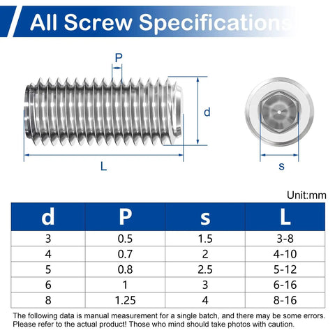 300Pcs Metric Set Screws Assortment Kit With 24 Sizes M3 To M8, Stainless Steel Internal Hex Drive Grub Screws, 3mm To 16mm Lengths Specifications