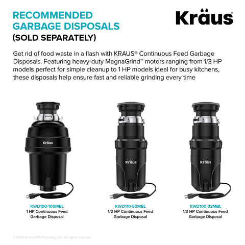 Three Kraus garbage disposals of 1 HP, 1/2 HP, 1/3 HP sizes, recommended for use with Easy Install Garbage Disposal Air Switch Kit In Matte Black.