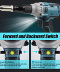 Sumumtor 21V Cordless Electric Rivet Gun With Two 4.0Ah Batteries And Charger Brushless Motor Spark Free Design For Heavy Duty Metal Working Projects close-up of switches for forward and backward operation.