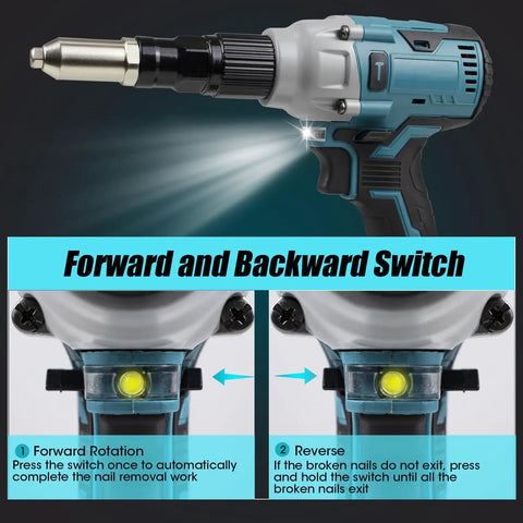 Sumumtor 21V Cordless Electric Rivet Gun With Two 4.0Ah Batteries And Charger Brushless Motor Spark Free Design For Heavy Duty Metal Working Projects close-up of switches for forward and backward operation.