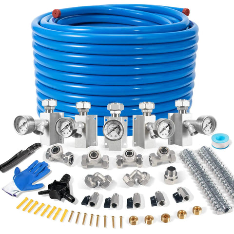 Three Quarter Inch Garage Air Line Kit 200 Foot HDPE Aluminum Piping System with tee and elbow fittings displayed