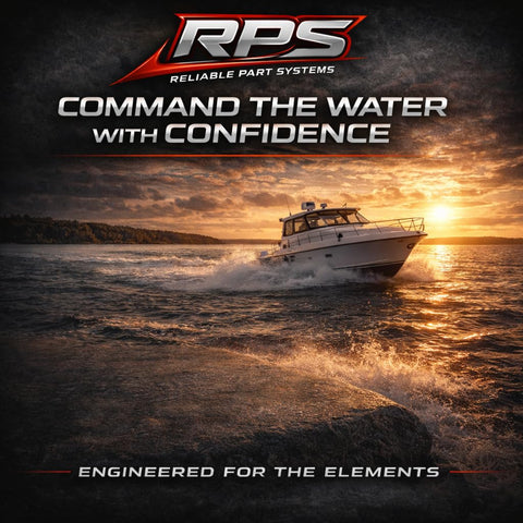 Boat cruising on water at sunset with 'Command the Water with Confidence' text and Reliable Part Systems branding.
