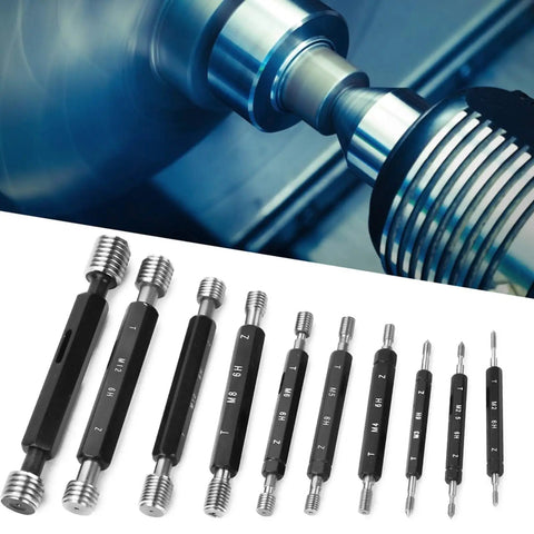 10 Piece Thread Plug Gauge Set With Double End Through Stop For Metric Thread Inspection and lathe demonstration