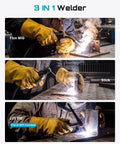 135A MIG Welder 110V 3 In 1 Gasless Flux Core Lift TIG Stick Welding Machine in use for Flux MIG, Stick, and Lift TIG welding.