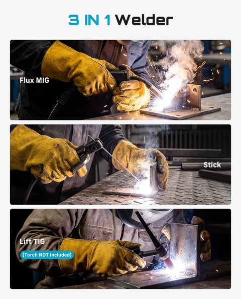 135A MIG Welder 110V 3 In 1 Gasless Flux Core Lift TIG Stick Welding Machine in use for Flux MIG, Stick, and Lift TIG welding.