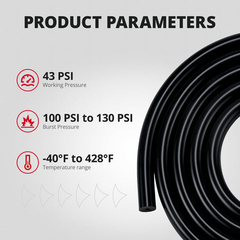 Assorted Silicone Vacuum Hose Kit 5 Ft 130 PSI Max Black With Inner Diameters 3mm 4mm 5mm 6mm 8mm 10mm FDA Compliant Food Grade. Product parameters shown.