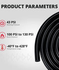 Heavy Duty Black Silicone Vacuum Tubing Hose Line Kit With 6 Different Sizes For Car Engine Coolant Fuel Oil Transfer 5 Ft Rolls High Temp Resistant Flexible And Food Grade Safe To Use Anywhere, black coil showing 43 PSI and -40°F to 428°F specs
