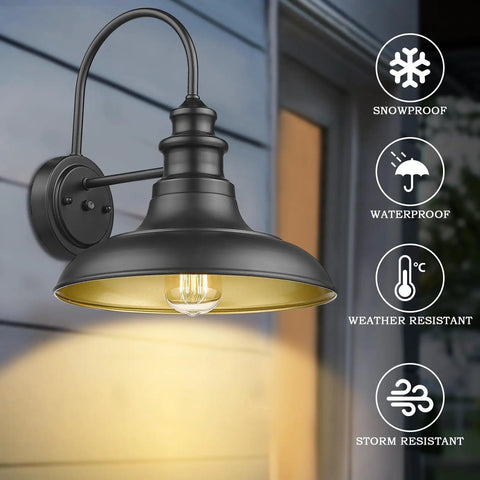 Outdoor Dusk To Dawn Sensor Wall Light Fixture Dome 12.3 Inch Black Finish Industrial Sconce for Home Outdoor Use
