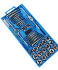 Top Grade 40 Piece Metric Tap And Die Set With Wrench Tool Kit For Hand Thread Repair Cutting Alloy Steel Screw Taps And Dies Blue Box open case with taps, dies, and wrench