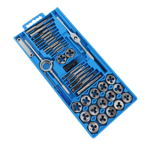 Top Grade 40 Piece Metric Tap And Die Set With Wrench Tool Kit For Hand Thread Repair Cutting Alloy Steel Screw Taps And Dies Blue Box open case with taps, dies, and wrench