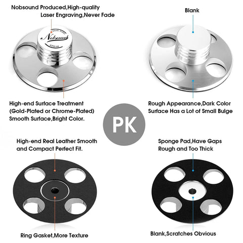 Nobsound STB-01 LP vinyl turntable stabilizer set; silver and gold metal discs with black gasket pads and four holes