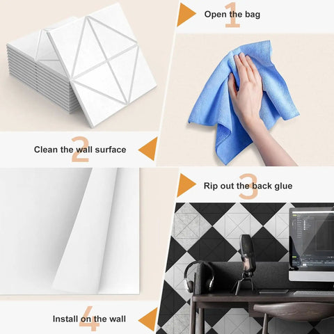Step-by-step guide for installing Top Shelf Premium Quality Polyester Acoustic Foam Wall Panels for sound dampening.