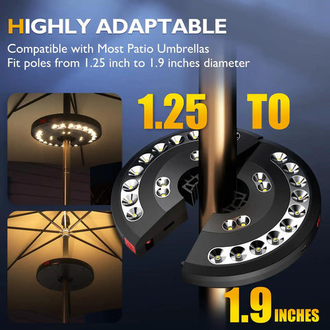 Rechargeable Patio Umbrella Lights With 28 LEDs And 3 Lighting Modes fitting 1.25-1.9 inch poles shown on umbrella