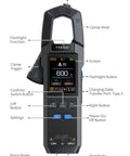 Diagram of Beast Precision Digital Clamp Meter 600A TRMS with 9999 Counts showing labeled features and buttons.