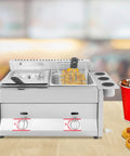 Heavy Duty Commercial Double Tank Countertop Gas Deep Fryer, Top Shelf Stainless Steel Propane Frying Machine with basket and food.