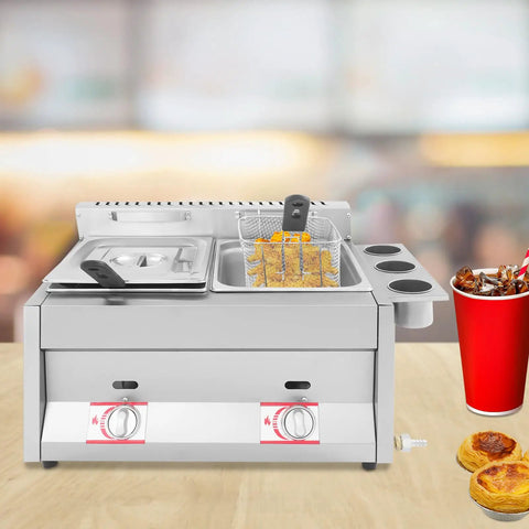 Heavy Duty Commercial Double Tank Countertop Gas Deep Fryer, Top Shelf Stainless Steel Propane Frying Machine with basket and food.