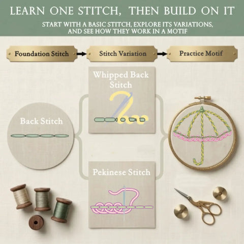 Beginner Embroidery Stitch Book With Fabric Pages, 32 Essential Stitches In Logical Progression For Adults diagram with tools