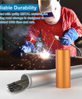 Front view of a 14-inch orange metal welding rod storage tube beside an open silver rod canister filled with welding rods.