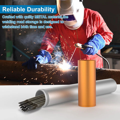 Front view of a 14-inch orange metal welding rod storage tube beside an open silver rod canister filled with welding rods.