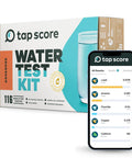 Top Tier Home Water Test Kit For Well And City Tap Sources Checks One Hundred Sixteen Parameters Including Lead Copper Hardness Alkalinity Bacteria And Chlorine With Legit Epa Certified Lab Reports For Total Peace Of Mind displayed with a smartphone showing results.