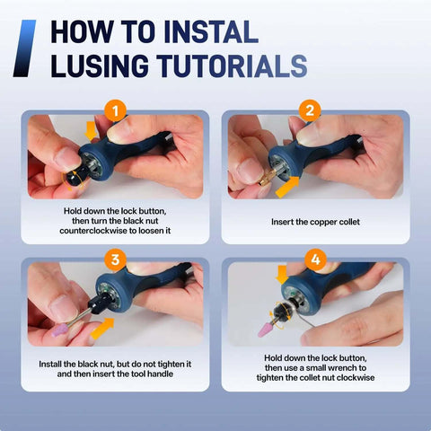Step-by-step guide on installing accessories for Cordless Rotary Tool Kit Mini 7.4V USB Rechargeable 12 Speed Power Drill