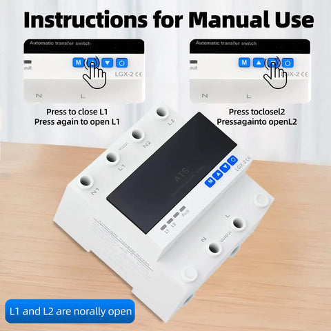 63A 2P Dual Power Automatic Transfer Switch For Generator And Backup Power With LED Display 110V 50 Hz And 60 Hz Adjustable Auto Manual Switching For Reliable Power Transfer, front view