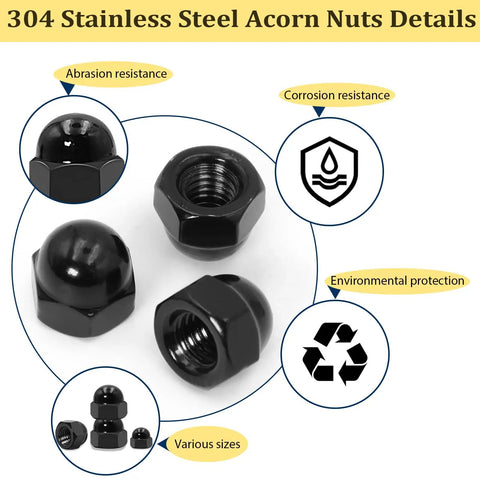 Black Stainless Steel Acorn Nut Set Kit, 80 Piece Assortment details with abrasion and corrosion resistance features