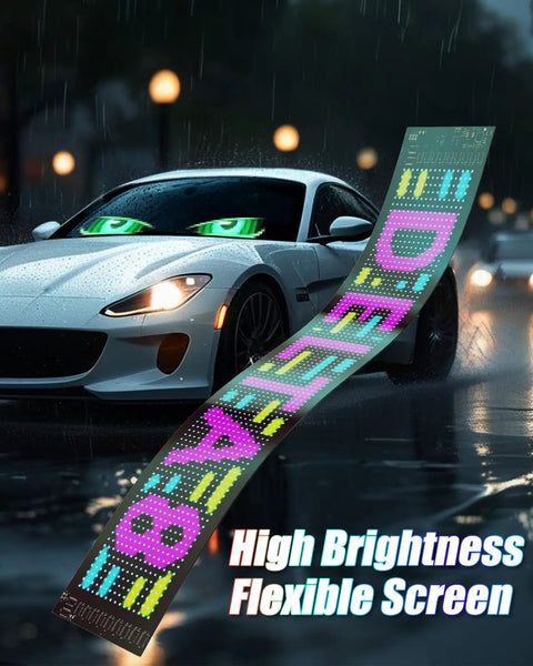 Car with Programmable LED Windshield Eyes Sign With App And Remote Control, showing flexible 23.4 by 4.7 inch display in rain.