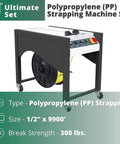Top Shelf Semi-Automatic Table Top Strapping Machine Kit With 1/2 Inch By 9900 Feet White PP Polypropylene Strapping Roll, side view.