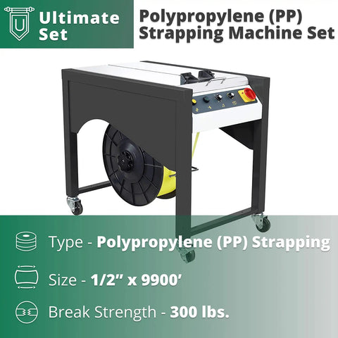 Top Shelf Semi-Automatic Table Top Strapping Machine Kit With 1/2 Inch By 9900 Feet White PP Polypropylene Strapping Roll, side view.